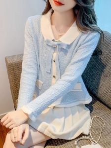 เสื้อสเวตเตอร์ถักคอปกปิดสีบล็อกสำหรับผู้หญิง ดีไซน์ผูกโบว์ผีเสื้อ แขนยาว ทรงสั้น สไตล์หวาน ฤดูใบไม้ร่วง 2023