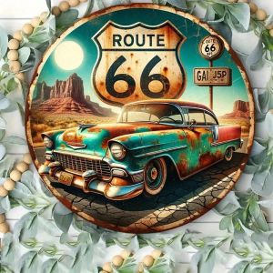 CIFbuy | Vintage Route 66 Classic Car Desert Scene Aluminum Metal Wall Art Retro Americana Rustic Tin Sign for Home Decor Rustproof