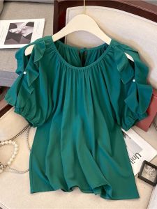 Big Sale Leak-Picking ~ Counter Withdrawal Export Summer Ruffles Beaded Short Sleeve Chiffon Shirt Womens Belly-Covering Coat Fashion