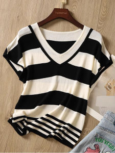 plus Size Ice Silk Stripe T-Shirt Womens Short Sleeve Fake Two-Piece Summer Anti-Aging Top Korean Style V-Neck Loose Fit Casual