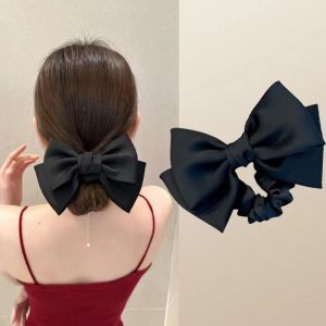 Black Elastics Hair Band Solid Color Ribbon Hair Bow for Women Girls Elegant Ponytail Hair Tie Hair Rope