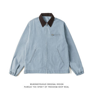 Cleanfit Detroit Workwear Collared Jacket Mens American Loose Short Coat Youth Trendy Cotton Polyester Autumn Zipper Outerwear