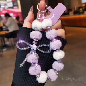 Fashionable Short Handmade Beaded Mobile Phone Strap Womens Handbag Decoration Chain Key Holder High-End Feel Butterfly Knot Crystal Plush Ball Bracelet