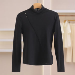Slim Fit Long Sleeve T-Shirt Half High Collar Overhead Waist Cinched Versatile Base Layer Shirt Grass Fragrance Spring Womens Fashion Casual Style