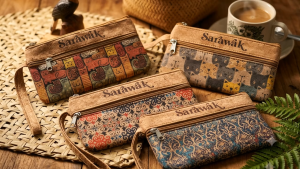 Sarawak patterned wristlet pouches with zipper closure and wrist strap.