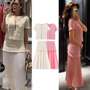2025 Women Knit Dress Set Slim Single-breasted T Shirt +Texture Solid Patchwork Long Skirt Summer Elegant Matching Set