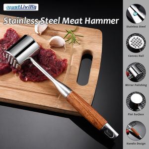 JustLiving 1Pc Meat Tenderizer Tool Meat Mallet Hammer 304 Stainless Steel Heavy Meat Pounder Dual Sided with Wood Handle for Tenderizing Flattening Beef/ Chicken/ Pork - Easy Clean