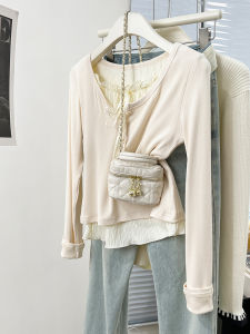 Gray Short Sleeve Long Shirt Womens U-neck T-shirt Spring Autumn Design Sense Butterfly Knot Base Shirt Female Fashion