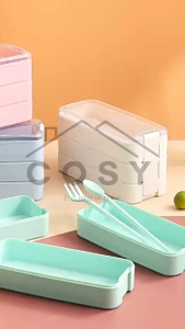 COSY Kotak Bekal Makanan Set 3 Tingkat 900 ml BPA Free / Lunch Box dengan Garpu Sendok Praktis Portable / Tempat Makan 2 Sekat 3 Susun / Kotak Makan Bento