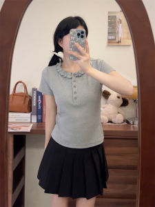 เสื้อยืดแขนสั้นผู้หญิงสไตล์เกาหลีฤดูร้อนปี 2025 ทรงเข้ารูป คอตั้ง สไตล์เกาหลี แขนสั้น ความยาวปกติ ผ้าฝ้ายผสมโพลีเอสเตอร์