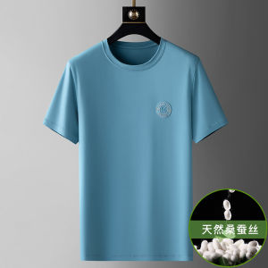 Silk Short Sleeve T-Shirt Mens High-End round Neck Solid Color Summer Casual Ice Sensation Half Sleeve Shirt Comfortable Fashion Urban Style