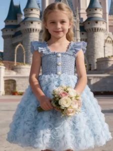 Girls Sky Blue Tulle Dress - 3D Rose Appliqué Skirt Pearl Buttons Vintage Chic Party Gown