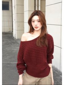 YUEZHONGWEI | Asymmetric Off-Shoulder Long Sleeve Knit Sweater