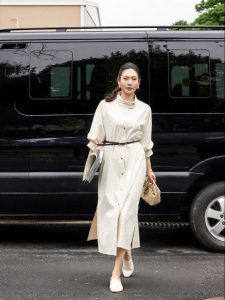 Casual Workwear Style Loose Straight Five-Deluxe Lantern Sleeve Stand Collar Dress with Belt