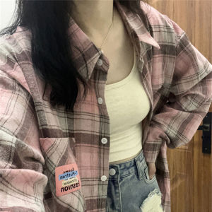 Áo Sơ Mi Nữ Tay Dài Màu Hồng Kẻ Caro Dáng Rộng Thời Trang Thu Đông 2024 Áo Khoác Ngoài Cardigan Cổ Polo Chống Tia UV