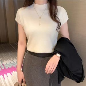 เสื้อยืดแขนสั้น คอสูง ผ้าถัก บางูปกติ แฟชั่นฤดูร้อน สำหรับผู้หญิง ขนาด 56 กิโล