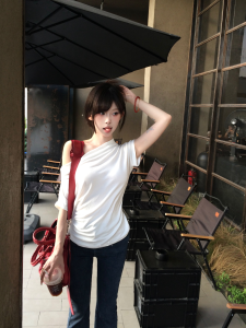 Nogiunit ◆ Soft T Pure Color Pure Cotton Asymmetrical Neckline Easiest for Match Elegant Shoulder-Baring Tops