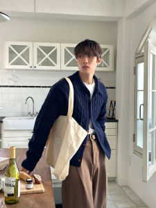 Dark Blue Sweater Cardigan Mens Autumn Japanese Style Retro Lapels Hemp Pattern Knitwear Classy Lazy Coat