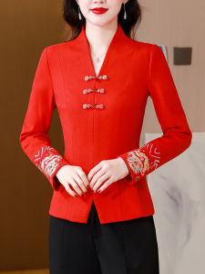 Áo Sơ Mi Thêu Nút Cổ Điển Nữ Ôm Vừa Vặn Mùa Xuân Mùa Thu Áo Khoác Ngoài Ngắn Phong Cách Trung Hoa Thời Trang Mẹ Áo Cổ Chữ V Tay Dài