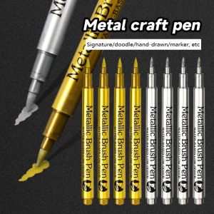 3Pcs Metallic Marker Pen Permanent Silver Gold Diy Scrapbooking Crafts Soft Brush Pens Art Marker Pen Waterproof