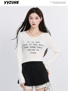 White Long Sleeve Knitted Top Womens Slim Fit Short Style Base Shirt Commute Style Korean Version Letter Print Lace Edge