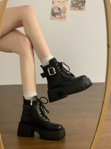 Thick-Soled British Style Boots Womens 2024 New Arrival Autumn and Winter Small Extra Height Black Shoelace Short Boots