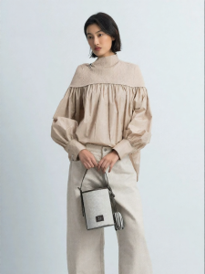 Early Autumn Womens Knit Woven Patchwork Pleated High Neck Shirt