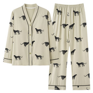 MiiOW | Pure Cotton Sleepwear Womens Long Sleeve Home Clothes Set Casual V-neck Plant Floral Patterned Comfortable Breathable Homewear