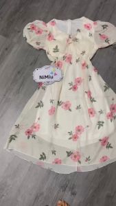 Đầm nữ thời trang mặc đi biển chất voan hoa cổ V tay ngắn ôm eo váy xoè hai lớp có lót cao cấp