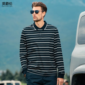 Enjeolon | Áo Polo Dài Tay Sọc Cotton Pique cho Nam Thu Phong Cách Doanh Nhân