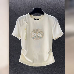 YUFUQING | New Chinese Style White Short Sleeve Womens T-shirt Slim Fit Short Design Summer Fashion Original Round Neck Pure Color Top