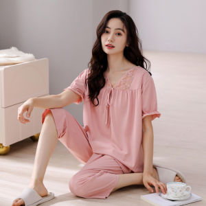 MiiOW | Pure Cotton Womens Sleepwear Summer New Sweet V-neck Short Sleeve Seven-pants Set Can Be Worn Outdoor Home Clothes