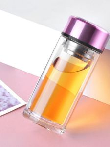 แก้วน้ำคริสตัลสองชั้นสำหรับผู้หญิง ความจุขนาดเล็ก ทนความร้อน แก้วน้ำดื่มชาแบบพกพา ดีไซน์น่ารัก แก้วน้ำแบบมีฝาปิด