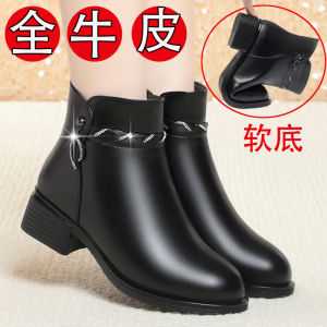 Leather Short Boots for Women Mid-Cut Slip-Resistant Soft Bottom Warm Wool Shoes Fashionable Womens Footwear Winter Season