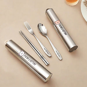 WORTHBUY Portable Cute Dinnerware Set 304 Stainless Steel Fork Spoon Chopsticks With Box Dishwasher Student Reusable Tableware