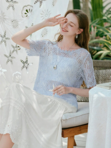 XIANGYING | Lightweight Loose Blue Knitted Top Short Sleeve