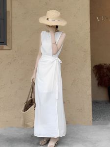 Váy Trắng Kiểu Pháp Mùa Hè Mới Cho Nữ Váy Dài Không Tay Cổ Tròn Váy Dài Thời Trang Thanh Lịch Cho Tiệc Trà