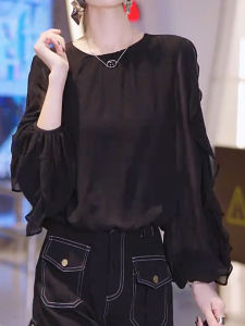 SUOXIMENG | Large Size Black Round Neck Mesh Splice Womens Top Elegant Fashion Trend High-End Style Autumn New Arrival Sleeve Long