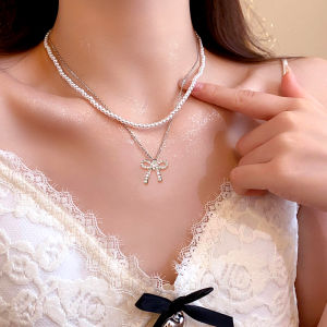 Corinna Sweet Necklace Double Layered Studded Diamond Pearl Bow Collarbone Chain Exquisite