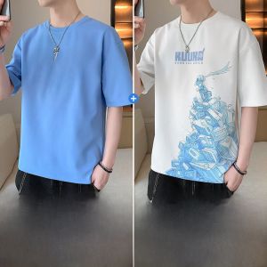 ROMON | Romon Mens Short Sleeve T-Shirt Summer Thin Ice Silk Printed Round Neck Casual Half Sleeve Youth Fashion Breathable Lightweight