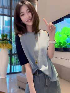 Loose Short Sleeve T-Shirt Light Blue Thin Summer New Style Womens Fashionable Top Korean Version round Neck A-Line Dress