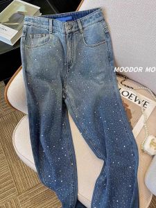 High Waist Wide Leg Straight Cut Diamond Embellished Illusory Heightening Jeans Premium Womens Fashion Autumn New Arrival