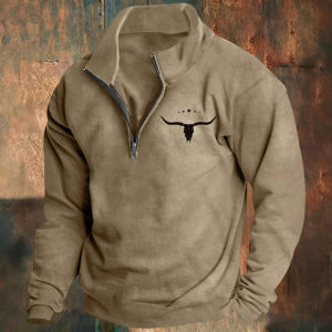 Mens Long-Sleeved Sweatshirt Autumn Winter Fleece European American Style Half-Zipper Stand-Up Collar Solid Color Bull Head Pri