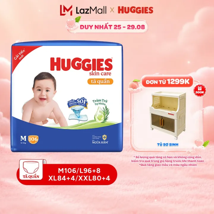 Tã quần Huggies Skincare Mega Jumbo M106/L100+4/XL84+4/XXL76+4 với tràm trà dịu da