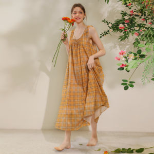 XEXZ | XEXZ Womens Summer Nightgown Pure Cotton Gingham Print Chemise Sleepwear Round Neck Long Skirt Sleeveless Youth Fashion