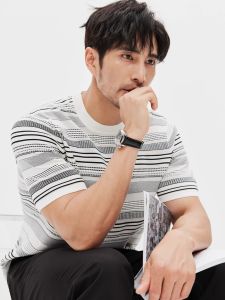 Summer Ice Silk Cool Feeling Short Sleeve T-Shirt Korean Style Lightweight Striped Knitwear Trendy Mens Loose Breathable Short T