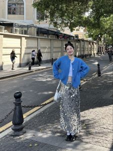 Korean Style High-End Soft Klein Blue Knitted Cardigan Long Sleeve Fashionable Sweater Coat Fake Mink V-neck Single Button