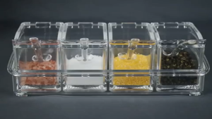 Best Seller 4-PIECE ACRYLIC SEASONING BOX SET | Clear Spices Box Container for Salt Pepper Sugar etc. | Seasoning Storage Container with Cover and Spoon | Transparent Seasoning Rack Pots | Multipurpose Spice Jars | 4-Piece Acrylic Pot | Condiments Jar.