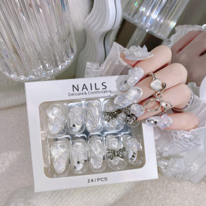 【With Glue】Ready Stock Female Mid-length Fake Nail Brides flower Artificial Nail for Women and Girl Party Activity