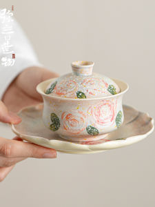 ชามชาเคลือบเซรามิกลายดอกกุหลาบสไตล์ญี่ปุ่นขนาดเล็กสำหรับใช้ในบ้าน ชุดเครื่องดื่มชาสำหรับผู้หญิง ชุดเครื่องดื่มชาแบบกังฟู
